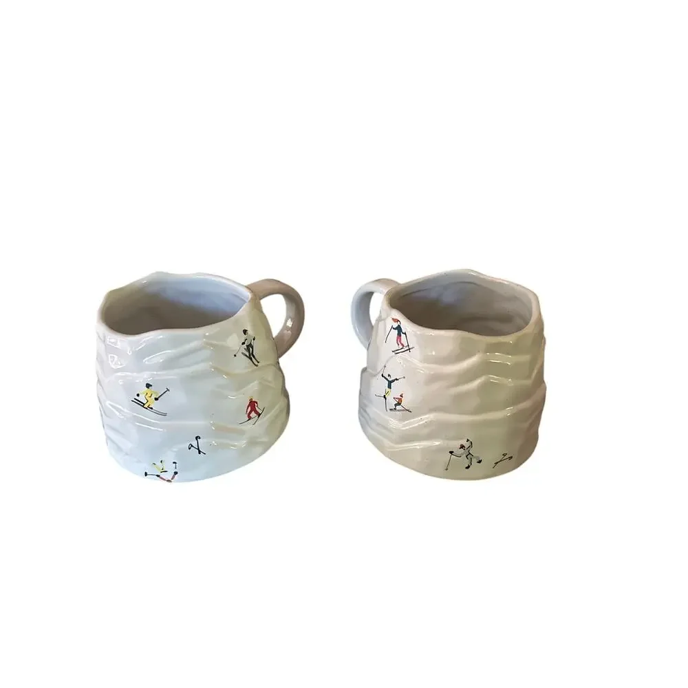 Set Pair 2 West Elm St. Jude Holiday Skiers Stoneware Figural Mug Ceramic Cups